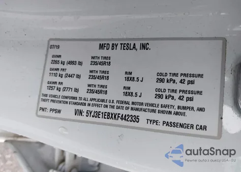 2019 Tesla Model 3 Long Range/Performance из США, поврежденный, VIN 5YJ3E1EBXKF442335